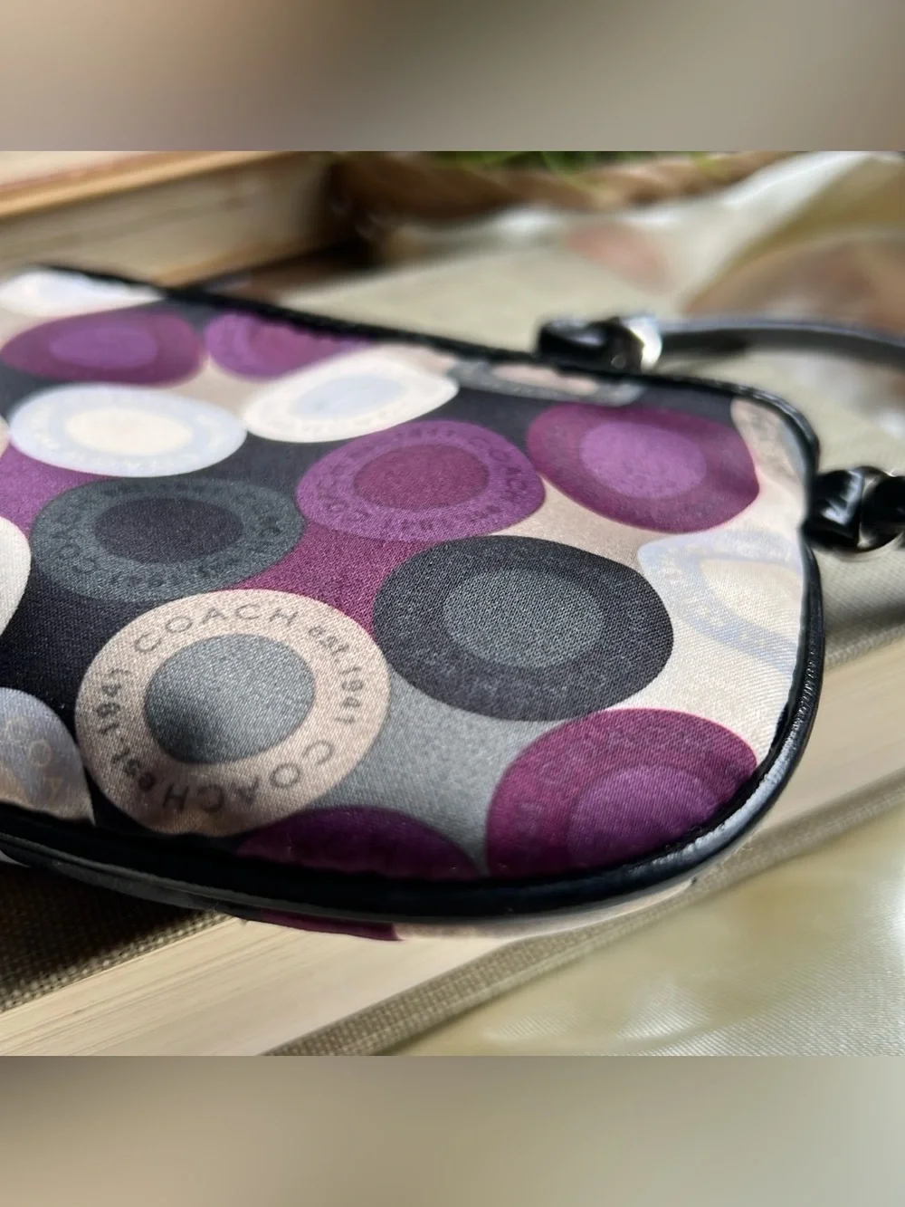 Coach Vintage Multicolor Purple Satin Signature Circles pattern Zip Wristlet Bag